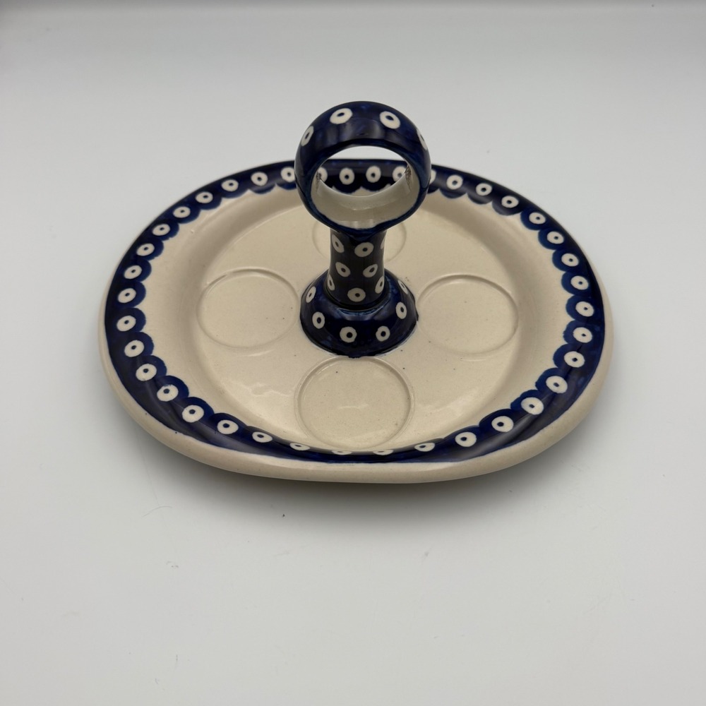 Boleslawiec Polish Pottery Egg Server Tray Peacock Eye Blue White Handmade 7.25"